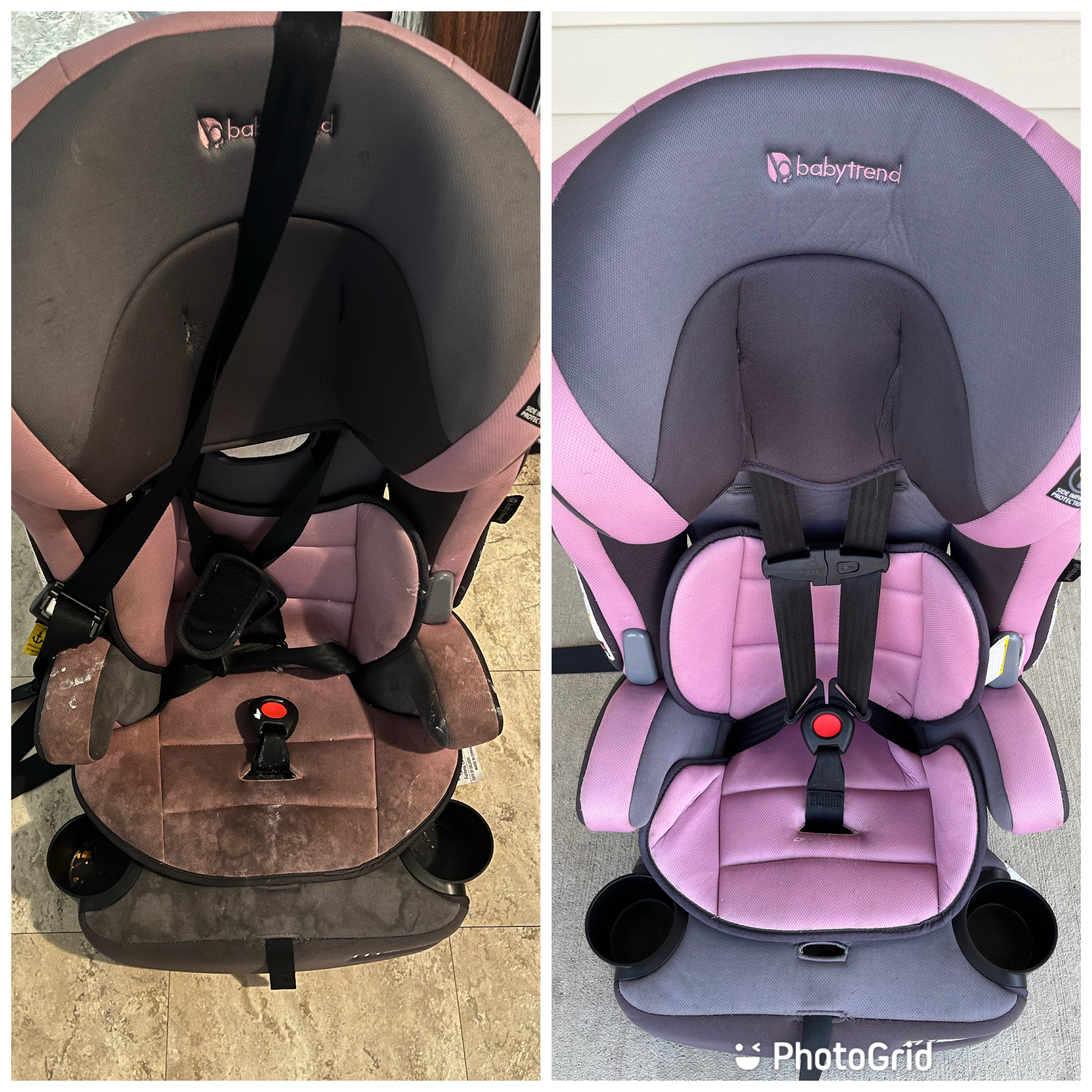 Baby Trend pink car seat before and after cleaning