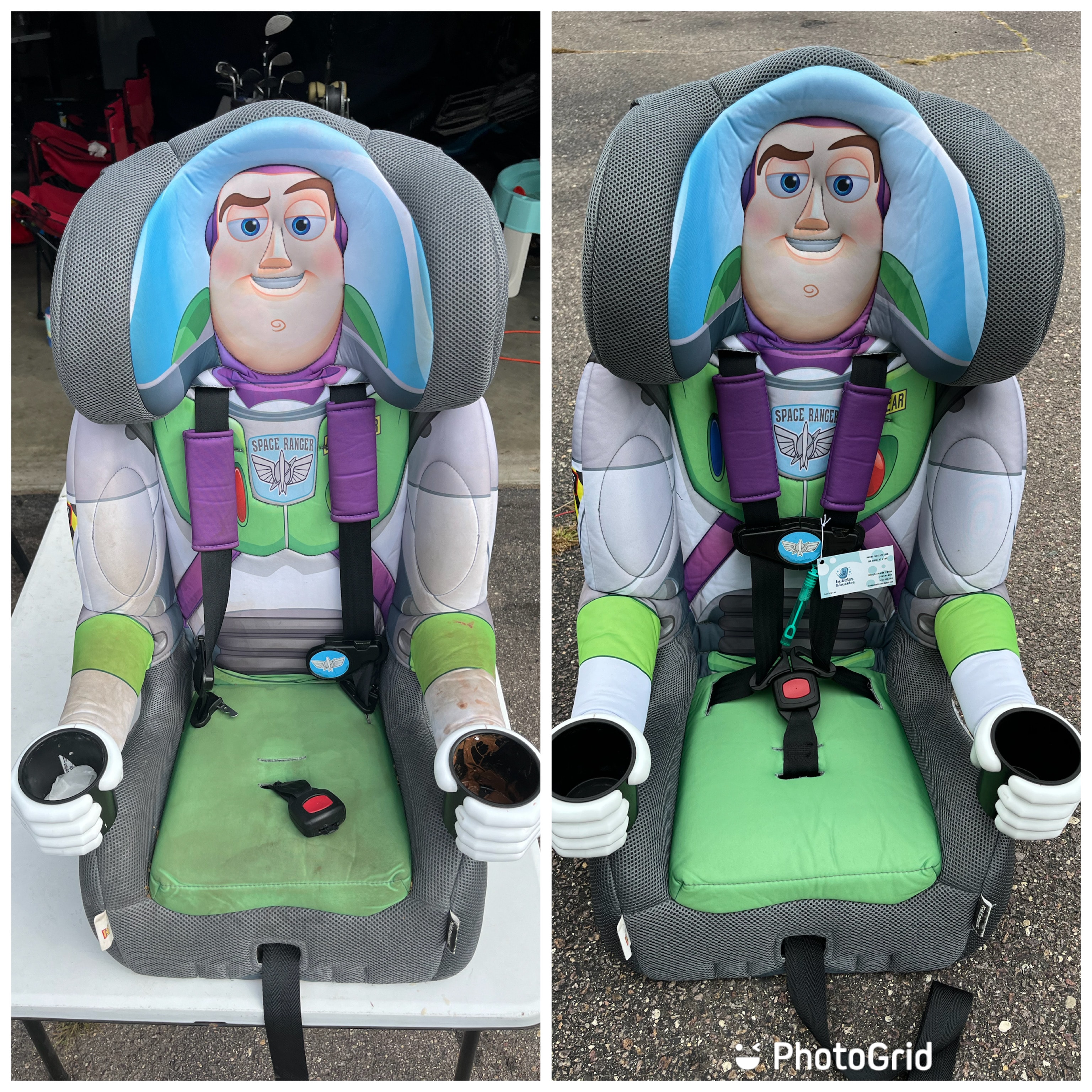 Buzz Lightyear car seat before and after cleaning
