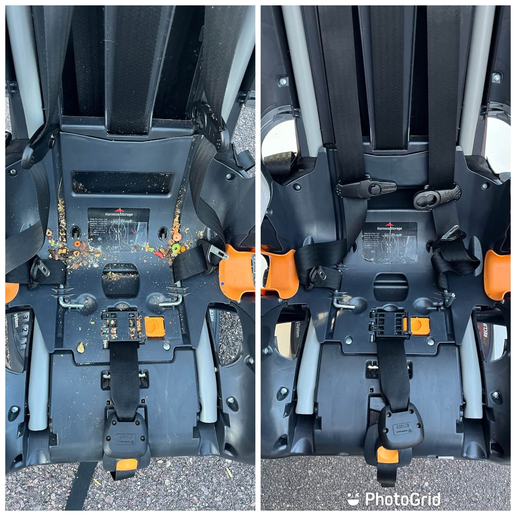 Car seat underside before and after deep cleaning