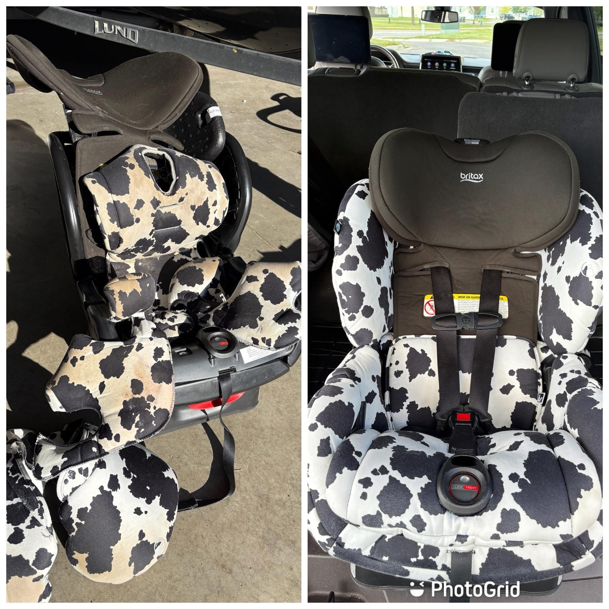 Cow print Britax car seat before and after cleaning