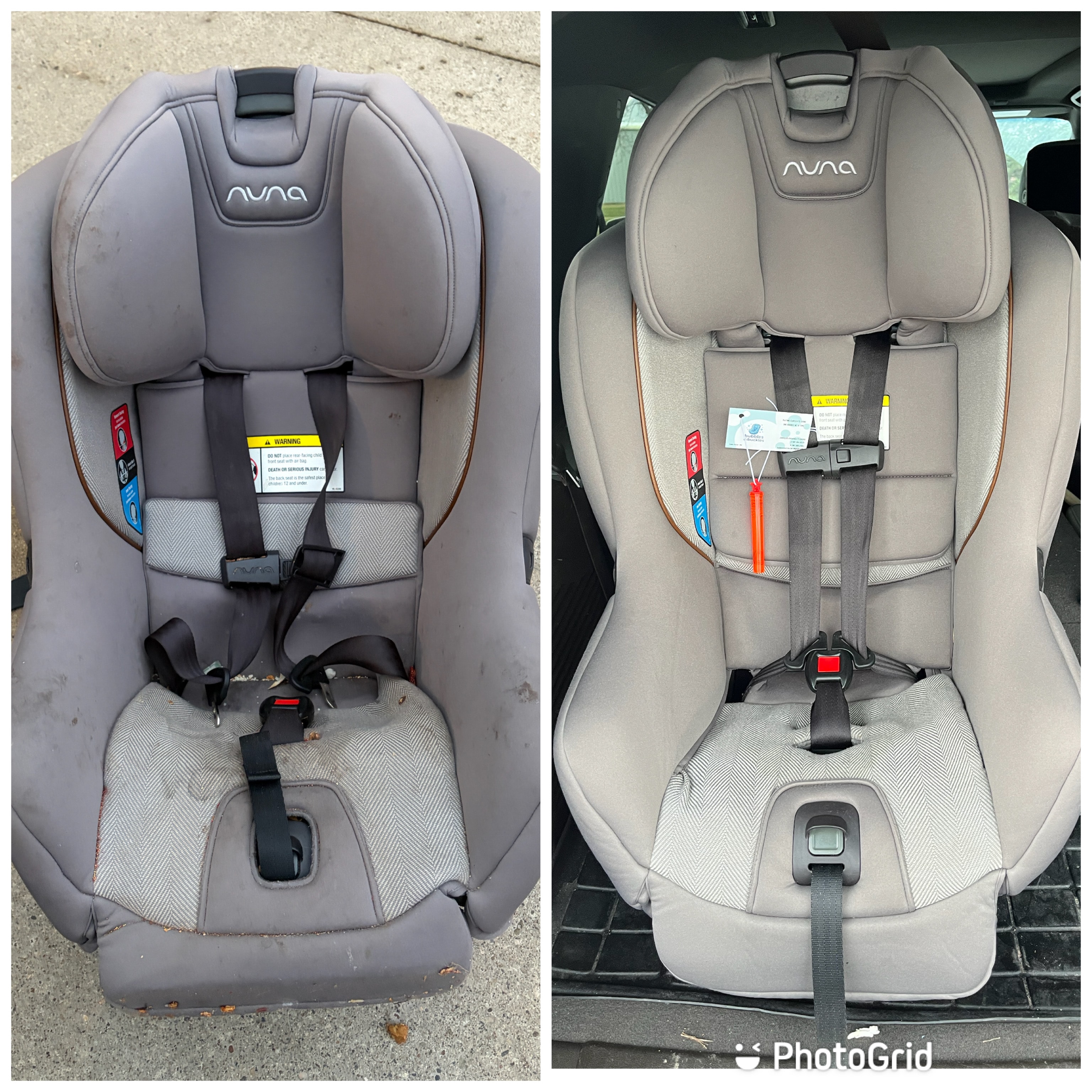 Nuna gray car seat before and after cleaning